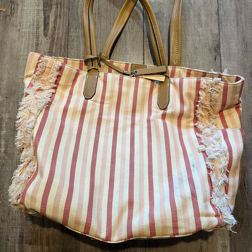 Striped Tote Bag with Fringe